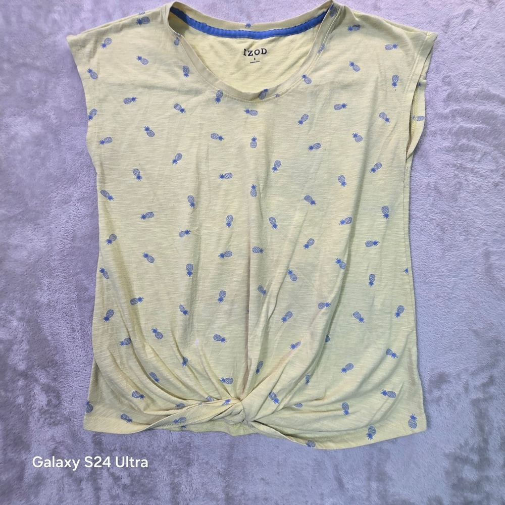 IZOD Womens Yellow Pineapple Print Twist Front Sleeveless Top Small 1503776